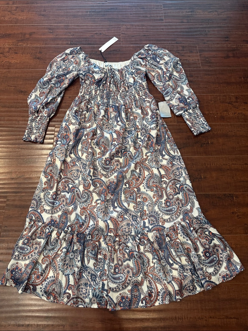 NSR Smocked Paisley Midi Dress in Cream and Blue, Size Medium, NWT!